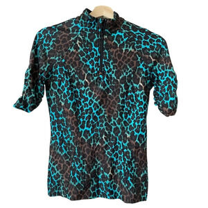 TZU TZU Animal Print Short Rouched Sleeves Front Zipper Tee Size Small